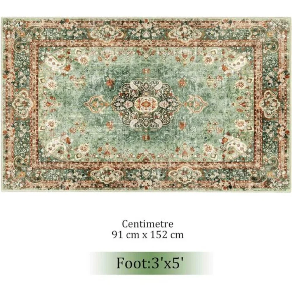 New 3x5 Green Area Rug, Washable Vintage Distressed Non-Slip Carpet for Home